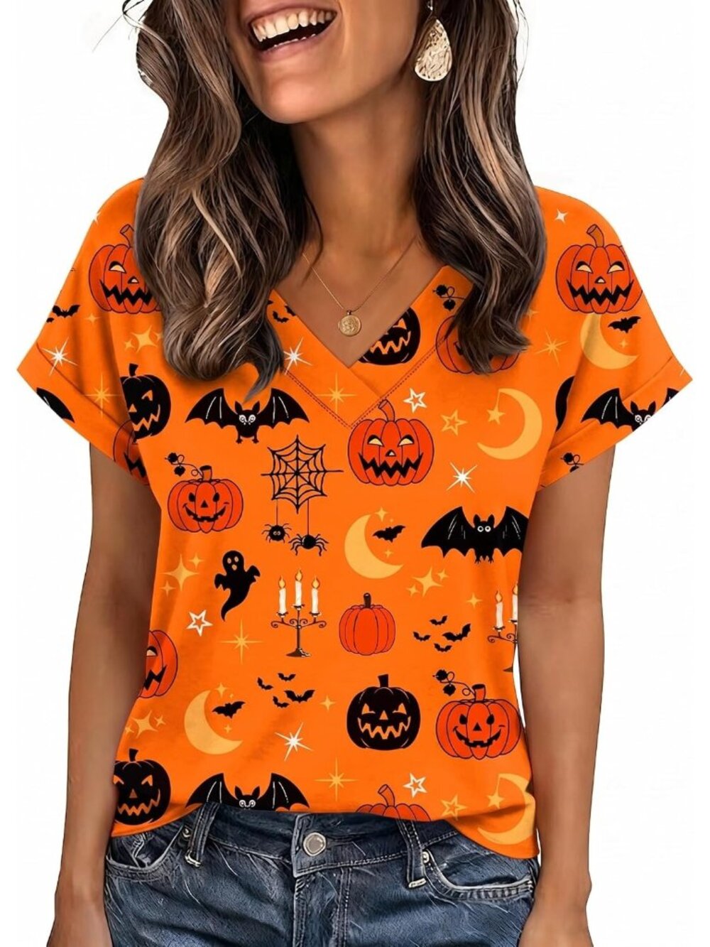 Women's Orange Cucurbit Short Sleeve V Neck Basic Tees Shirts Casual Top Blouses
